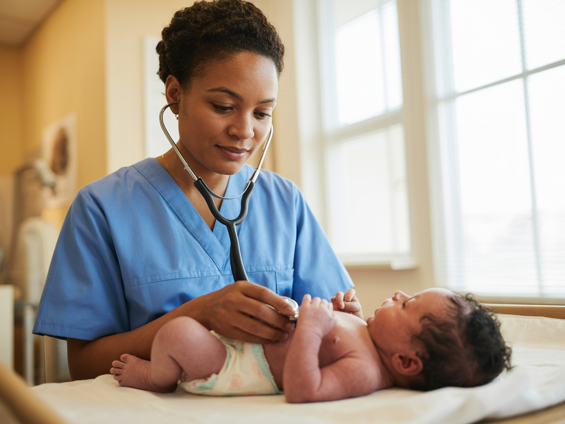 Caring midwife examining a newborn baby at Ikhaya leMbeleko clinic