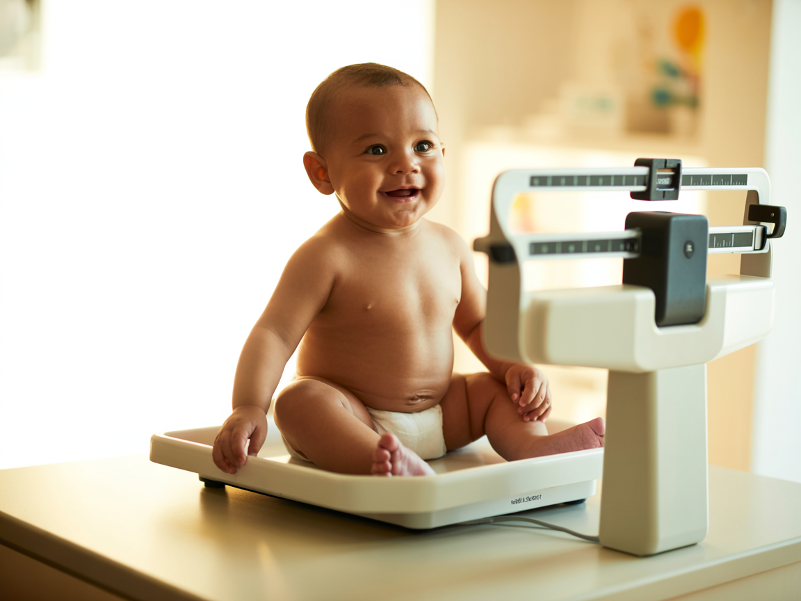 Happy baby being weighed during a well-baby checkup