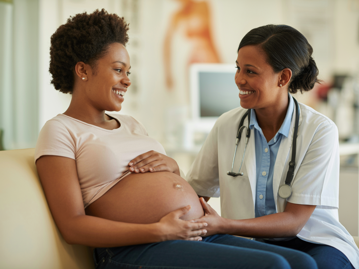 Pregnant woman at prenatal consultation with midwife